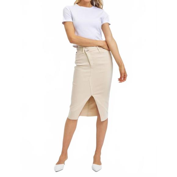 NEW JUDY BLUE high waist garment dyed criss-cross front slit long skirt in bone - Picture 4 of 7